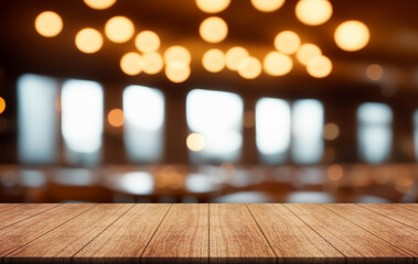 Empty wooden table top with lights bokeh on blur restaurant background