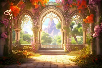 There is a painting of a garden with a fountain and a stone path