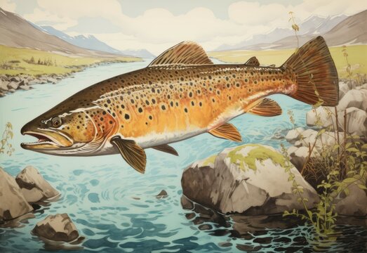 Portrait of a beautiful brown trout on the rocks beside the river.