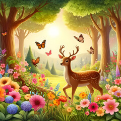 deer in the forest, deer, animal, Christmas, nature, Forest, illustration, Ai generated 