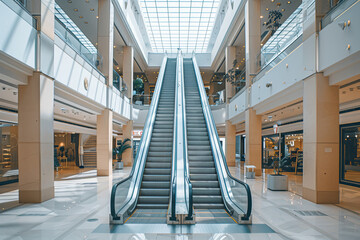 An interior design of a shopping mall with escalator