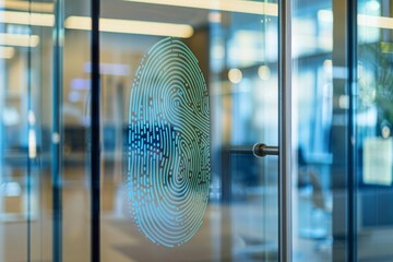 Fingerprint at office glass door entrance for employees, digital scanning with access control on glass door using finger.