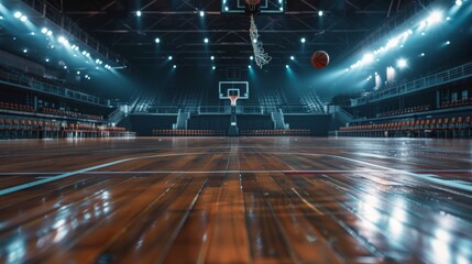 Empty basketball court floor against the backdrop of an empty stadium with no fans or players.