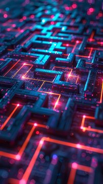 An intricate neon lit maze symbolizing network defense against malicious intrusions