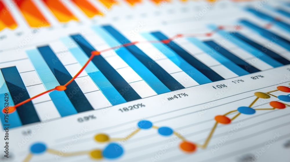 Poster a close-up of a business graph with bars and lines indicating trends