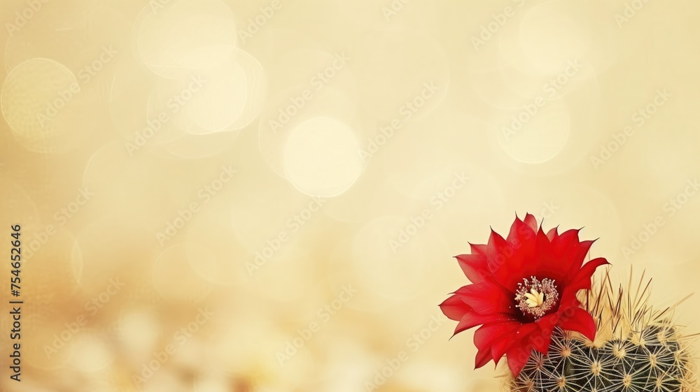 Poster soft background with a red cactus flower in the corner, bokeh effect