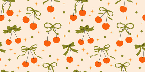 Seamless groovy pattern with cherries and bows. Hand drawn vector illustration. Cartoon style trendy romantic background. Coquette core cute design.