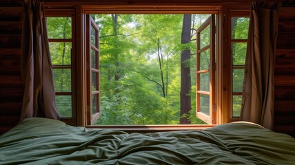 Serene forest view framed by an open window from a cozy, rustic cabin © Artyom