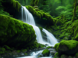 A majestic waterfall cascading down mossy rocks in a dense forest.