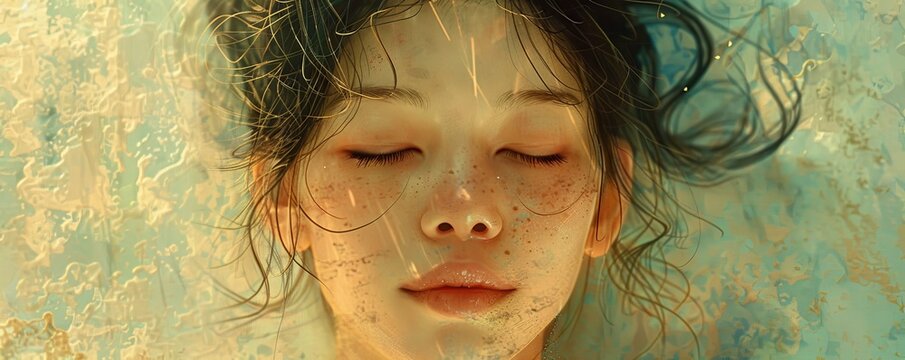 Generative AI illustration of young woman with a serene expression, eyes closed and a gentle smile, against a textured backdrop