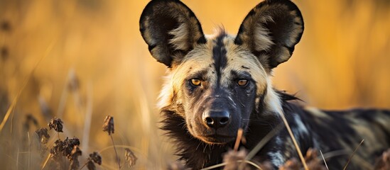 An African wild dog is standing in a field of tall grass in the Serengeti National Park. The dog is alert and scanning the surroundings for potential prey or threats. - Powered by Adobe