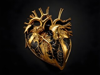 A golden human heart on a black background Generative AI