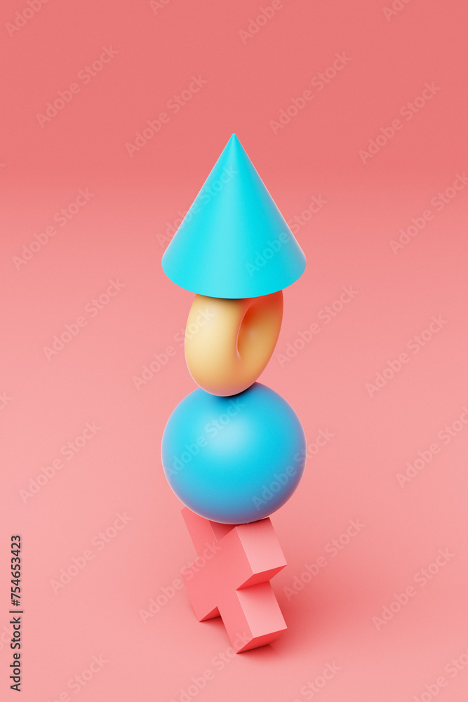 Poster multi-colored pyramid of various balancing figures, 3d rendering