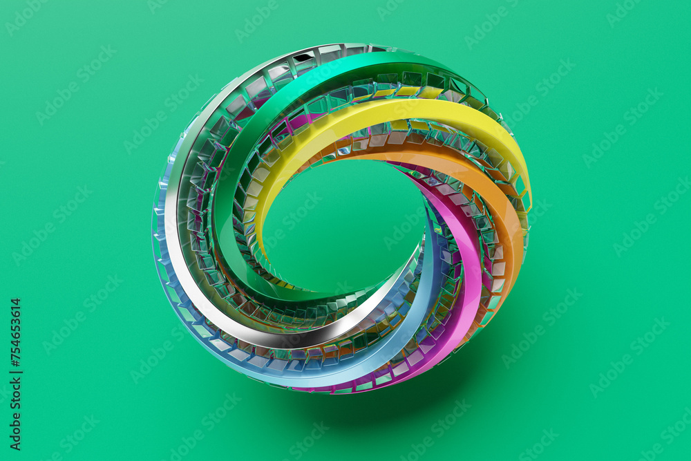 Poster futuristic neon colorful torus donut. 3d rendering, torus geometry shape in green background