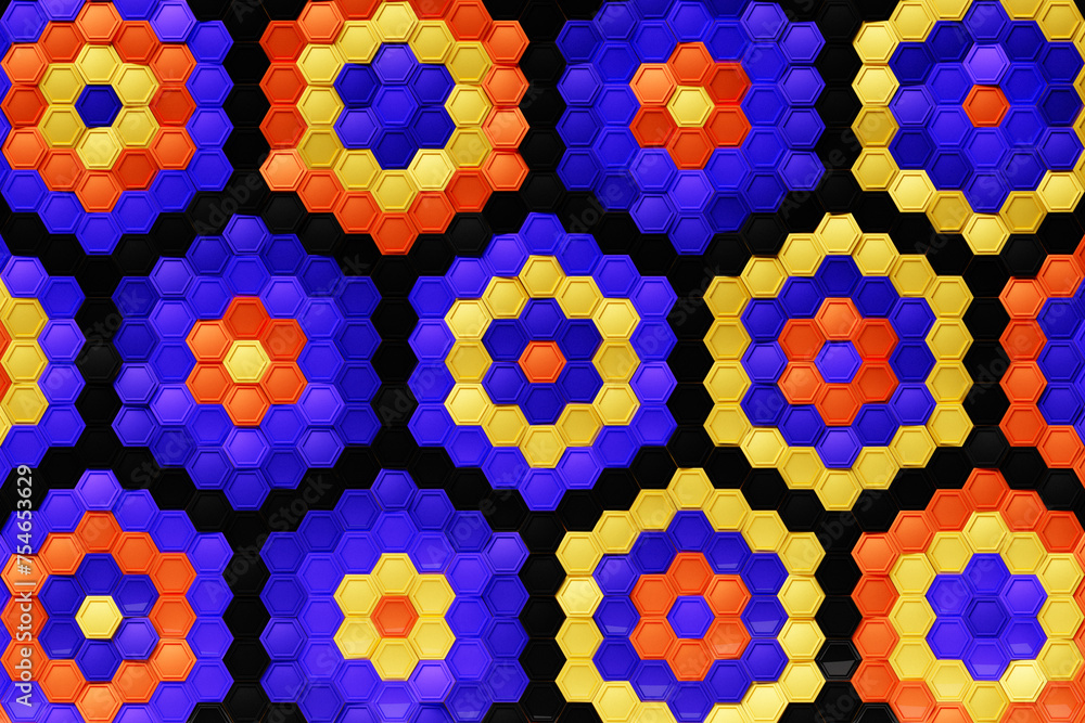 Poster multicolored pattern, hexagon pattern. 3d visualization