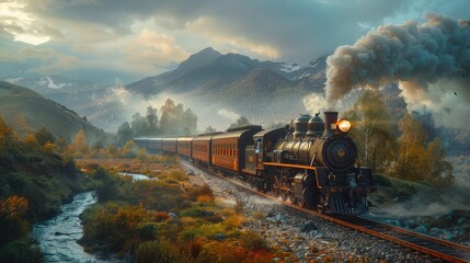 Train Journey, Romantic and nostalgic depictions of train travel, featuring scenic train rides, vintage locomotives, picturesque railway routes