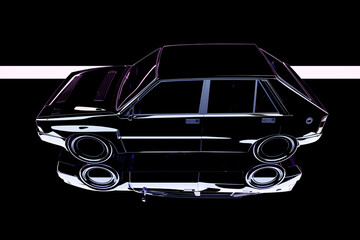 Car silhouette, side view. Modern neon car silhouette on black background for logo, banner for marketing advertising design. 3D illustration.