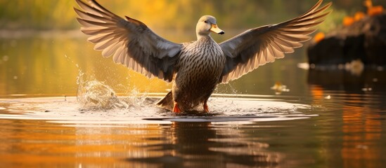 A male Gadwall duck vigorously flaps its vibrant wings in the calm waters of a lake, creating ripples and splashes around it. - obrazy, fototapety, plakaty