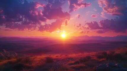 Spectacular views of sunrise or sunset illuminating landscapes with warm hues of orange, pink, and purple, casting magical light over mountains, plains, or seascapes