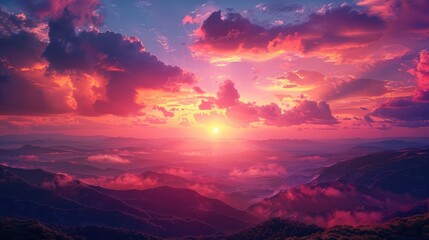 Spectacular views of sunrise or sunset illuminating landscapes with warm hues of orange, pink, and purple, casting magical light over mountains, plains, or seascapes
