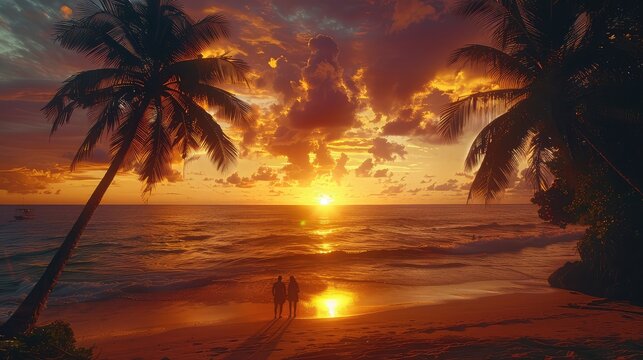 Beach Sunset, Romantic and mesmerizing scenes of colorful sunsets casting a warm glow over beach landscapes, palm trees, and silhouettes of people enjoying the tranquil evening atmosphere