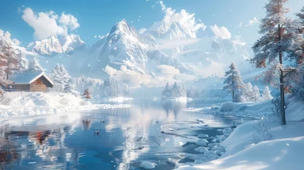 Papier Peint photo Bleu Magical winter landscapes blanketed in snow, featuring snow-covered mountains, frozen lakes, cozy cabins, and winter sports enthusiasts skiing, snowboarding