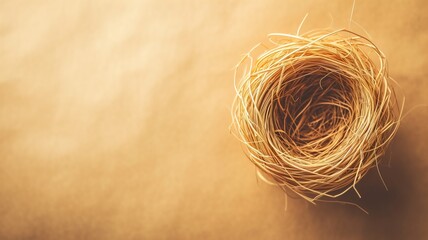 A solitary empty bird's nest against a warm golden backdrop