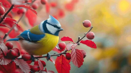 Fototapeta premium A vividly colored bird perches on a branch with red autumn berries