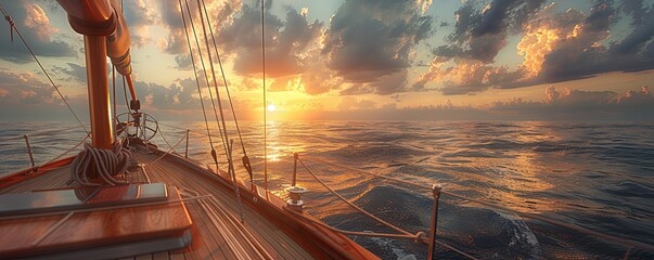 Generative AI illustration of scenic view of sailboat with wooden deck and mast with rope floating on rippling dark sea against cloudy sunset sky - Powered by Adobe