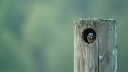 A bird peeks out from the sanctuary of a rustic wooden birdhouse