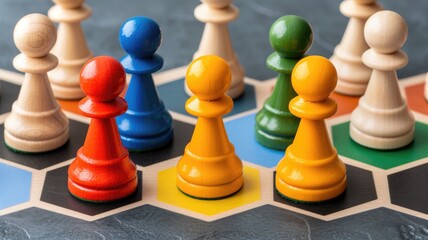 Brightly colored pawns on a hexagonal board game, strategy and diversity concept