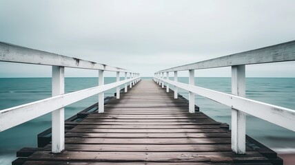 Fototapeta na wymiar Serene wooden pier extending into a calm sea under cloudy skies