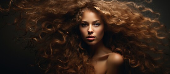 A woman with long, curly hair is striking a pose in front of the camera. She is confidently showcasing her beautiful locks in a portrait.