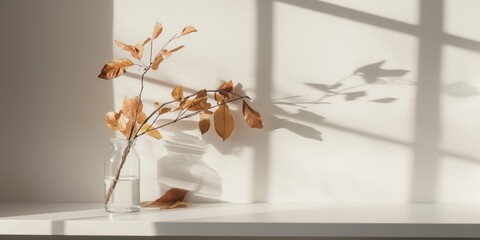 Blooming branch with white flowers in a minimalist vase against a soft-lit curtain background, conveying tranquility and spring freshness.