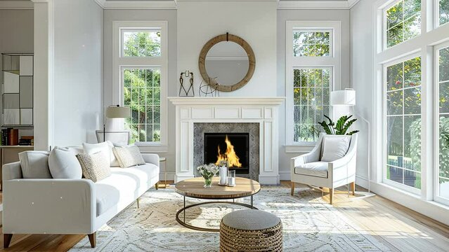 modern home with white interior and fireplace. beautiful living room interior in new home with fireplace. seamless looping overlay 4k virtual video animation background