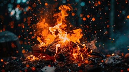 Fototapeta na wymiar A campfire burns vividly, casting a warm glow against the surrounding darkness