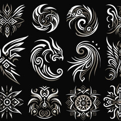 Neo tribal tattoo set, vector Celtic gothic cyber body ornament shapes kit, abstract Hawaiian sign. Maori sleeve symbol y2k Polynesian metal abstract symmetry swirl wing. Neo tribal silhouette clipart