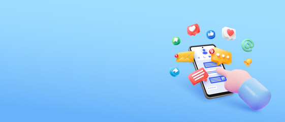 Hands using smartphone with social media chat illustration