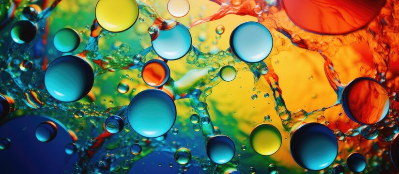 This close-up shot captures vibrant water bubbles on a colorful surface, created by the mixing of watercolor paint and oil drops under backlighting. The bubbles are magnified, enhancing their