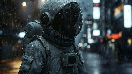 spaceman standing in the city raining heavy - obrazy, fototapety, plakaty