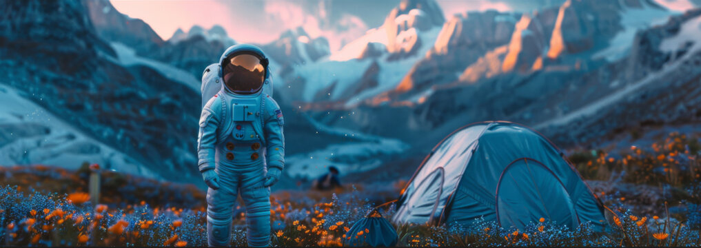 A spaceman camping in the flower field and mountains