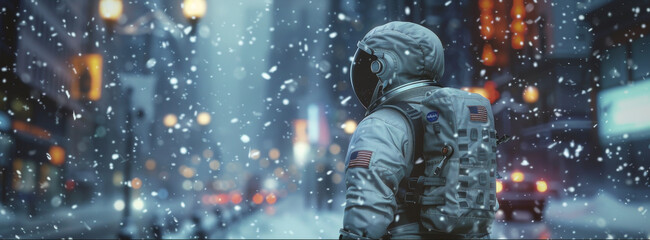 spaceman standing in the city snow heavy