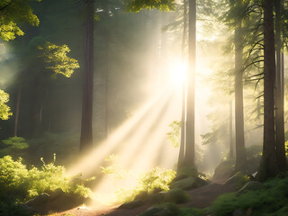 A peaceful forest scene with rays of sunlight streaming through the trees.