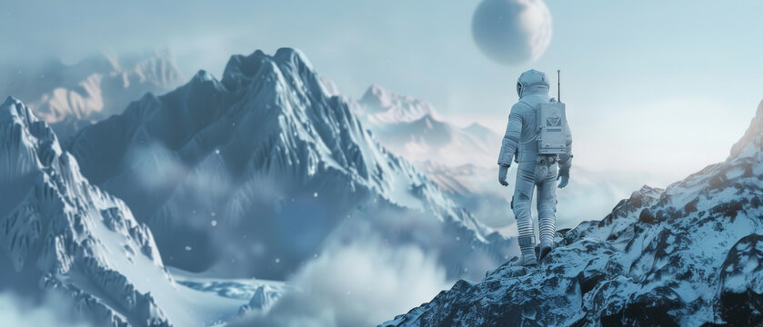 spaceman walking on the mountains snow heavy