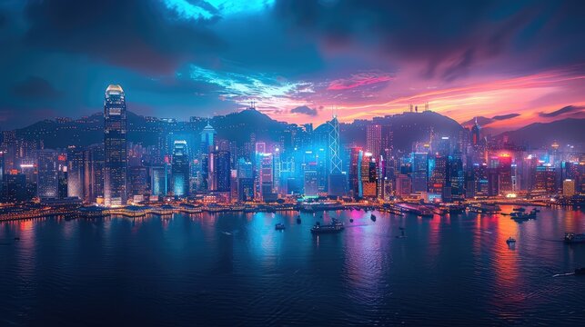 Urban Skyline, Striking images showcasing the skyline of major cities with iconic landmarks, skyscrapers, and city lights illuminating the night sky