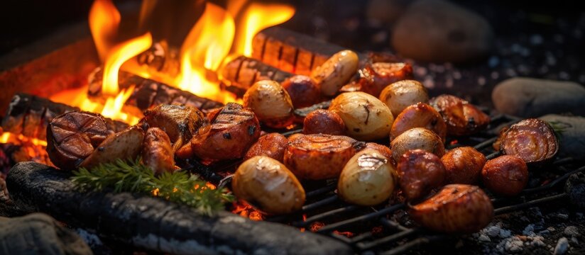 This image showcases onions, sausages, and potatoes being grilled over a picnic fire. The food is sizzling and charring, emitting delicious aromas while cooking to perfection.