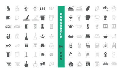 Household appliances vector icon set such as toaster, blender, hairdryer, electric goods, furniture and others