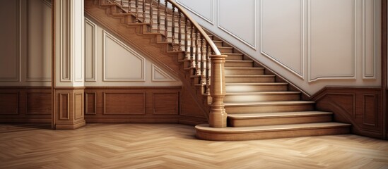 Obraz premium A room with wooden floors is shown empty, featuring a staircase with a skirting board. The space appears devoid of furniture or occupants, showcasing the staircases design and the natural wood finish