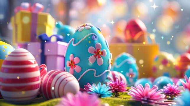 Colorful easter eggs with gift box