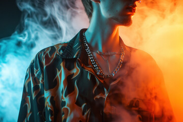 Fiery Stance: Man in Flame-Print Shirt Against a Red and Blue Smoke Background